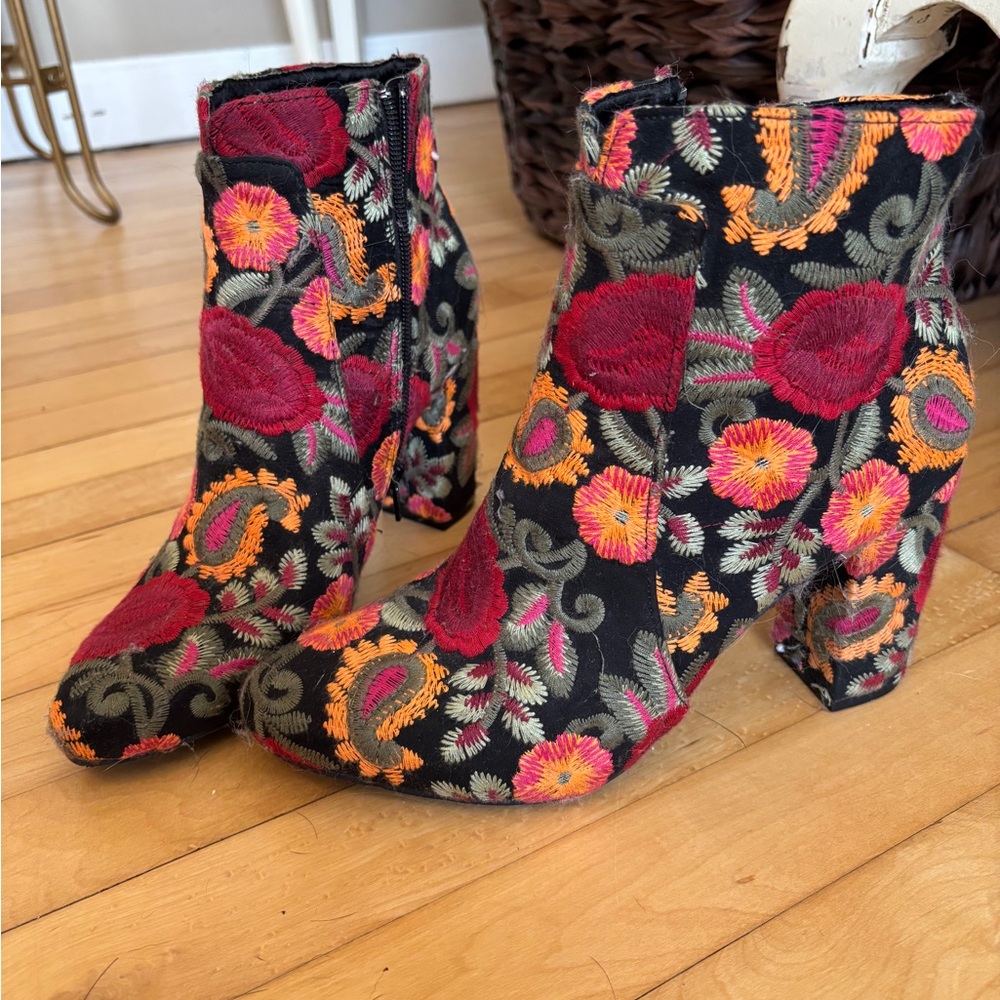 Floral Embroidered Ankle Boots - Black, Red, Orange